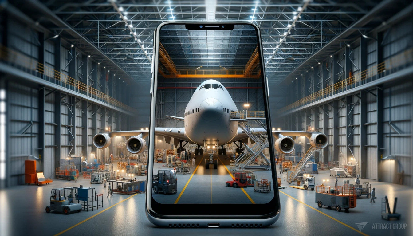 Scalability for Growing Aviation Demands. A modern smartphone. On the screen of the smartphone, display an image of a large commercial airplane inside an aircraft maintenance hangar. The hangar should be well-lit and show various pieces of equipment and machinery, with workers visible around the aircraft, some on the ground and others on platforms. The hangar should look spacious, with scaffolding and workstations, emphasizing the ongoing maintenance activity. The airplane should be the central focus on the screen, with its nose towards the viewer, resembling a jumbo jet like a Boeing 747. The image on the smartphone should effectively represent the scale and complexity of airplane maintenance operations.