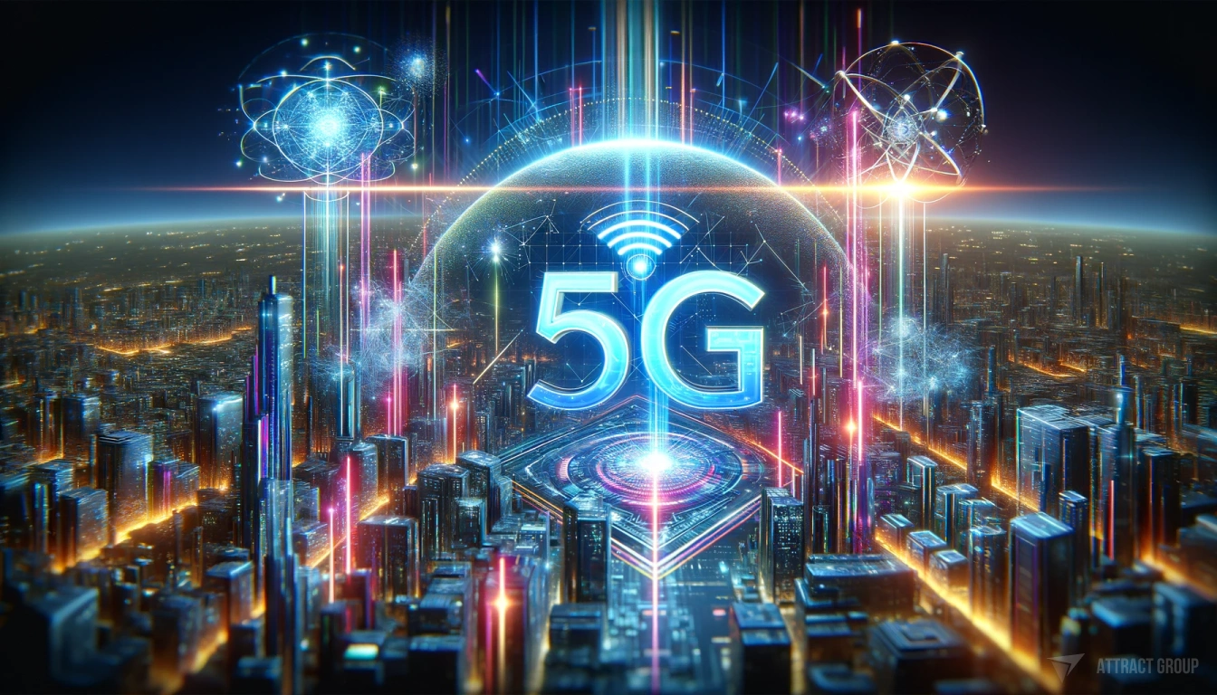 The essence of the 5G revolution's impact on mobile app development. The image should feature futuristic elements such as neon lighting and advanced technology symbols that represent the transformative power of 5G. There should be a sense of a breakthrough in speed and connectivity, with visuals that could include a high-speed data stream, futuristic cityscapes, or holographic displays. The textures should be detailed and crisp, suggesting cutting-edge app interfaces and the neon should add vibrancy and a sense of energy to the composition.