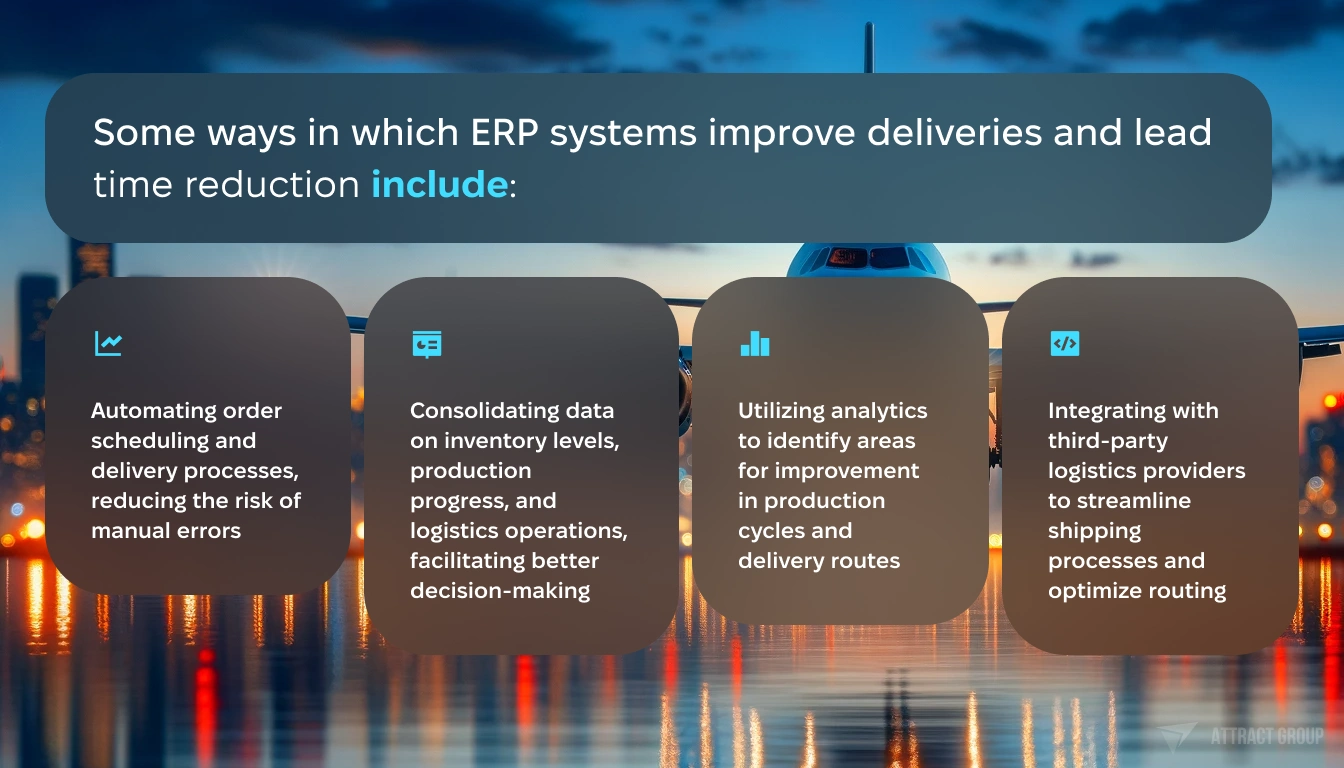 Some ways in which ERP systems improve deliveries and lead time reduction include. A commercial airplane in mid-flight, approaching head-on towards the viewer. The plane should be in sharp focus with the background featuring blurred city lights reflecting over a body of water during twilight. The lights should have a bokeh effect with warm tones blending into the blue of the early evening sky. The airplane's landing lights should be visible, indicating readiness for descent. The overall scene should convey a sense of tranquility and the serene end of a journey, with the plane gracefully suspended above the glowing cityscape.
