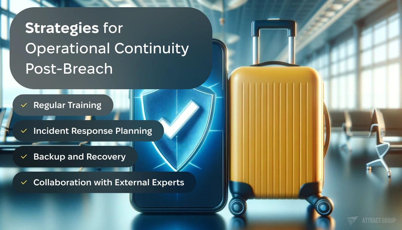 Illustration for Strategies for Operational Continuity Post-Breach. A modern smartphone, from which a voluminous tick (checkmark) appears on a shield. In the background, include a yellow plastic travel suitcase and a blurred airport waiting room interior. The smartphone should be the main focus, with the tick on the shield symbolizing security or confirmation. The yellow suitcase should add a touch of travel-related context, and the blurred airport interior should set the scene, suggesting the smartphone's use in a travel environment. The overall composition should blend elements of technology, security, and travel.