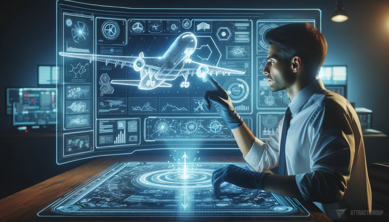 Streamlining Complex Processes. A man interacting with a futuristic, holographic display. He is wearing gloves and is engaged in manipulating a 3D wireframe model of an airplane on the display. The holographic interface should contain various charts, graphs, and technical drawings indicative of aerospace engineering and design work. The interface should glow with a blue color scheme and be populated with icons and data visualization elements that pertain to aerospace engineering. The man should appear concentrated and professional, embodying the advanced technology used in aircraft design and analysis.