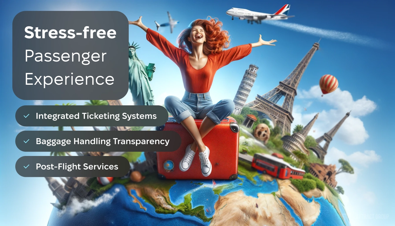 Stress-free passenger experience. Photorealistic composition that captures the essence of travel and adventure, featuring a joyous woman sitting cross-legged on a vibrant red suitcase. Her arms are joyfully stretched out wide, expressing excitement and freedom. She is perched atop a beautifully detailed Earth, surrounded by iconic landmarks such as the Statue of Liberty, the Eiffel Tower, the Leaning Tower of Pisa, and Big Ben, symbolizing global travel. A lush palm tree stands nearby, suggesting exotic tropical escapes. Above in the clear blue sky, an airplane flies by, completing this scene of wanderlust and discovery. The woman's expression is one of pure delight, embodying the spirit of adventure and the pleasure of travel. The entire composition is full of life, color, and the promise of unforgettable experiences in various corners of the world.