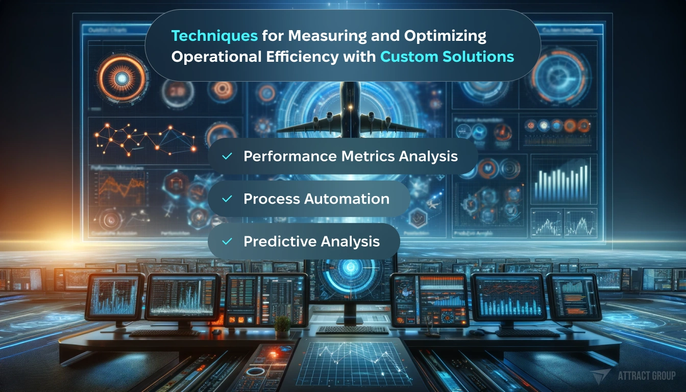 Illustration for Techniques for Measuring and Optimizing Operational Efficiency with Custom Solutions. Render that illustrates techniques for measuring and optimizing operational efficiency with custom solutions in the aviation business. The image should include representations of performance metrics analysis, process automation, and predictive analysis. Visualize these concepts through dynamic charts, automated systems, and futuristic graphs on digital displays, perhaps within a high-tech control center or cockpit. The design should convey a seamless integration of technology and data, with elements like touch screens, holographic projections, or other advanced interfaces that suggest meticulous analysis and streamlined operations.