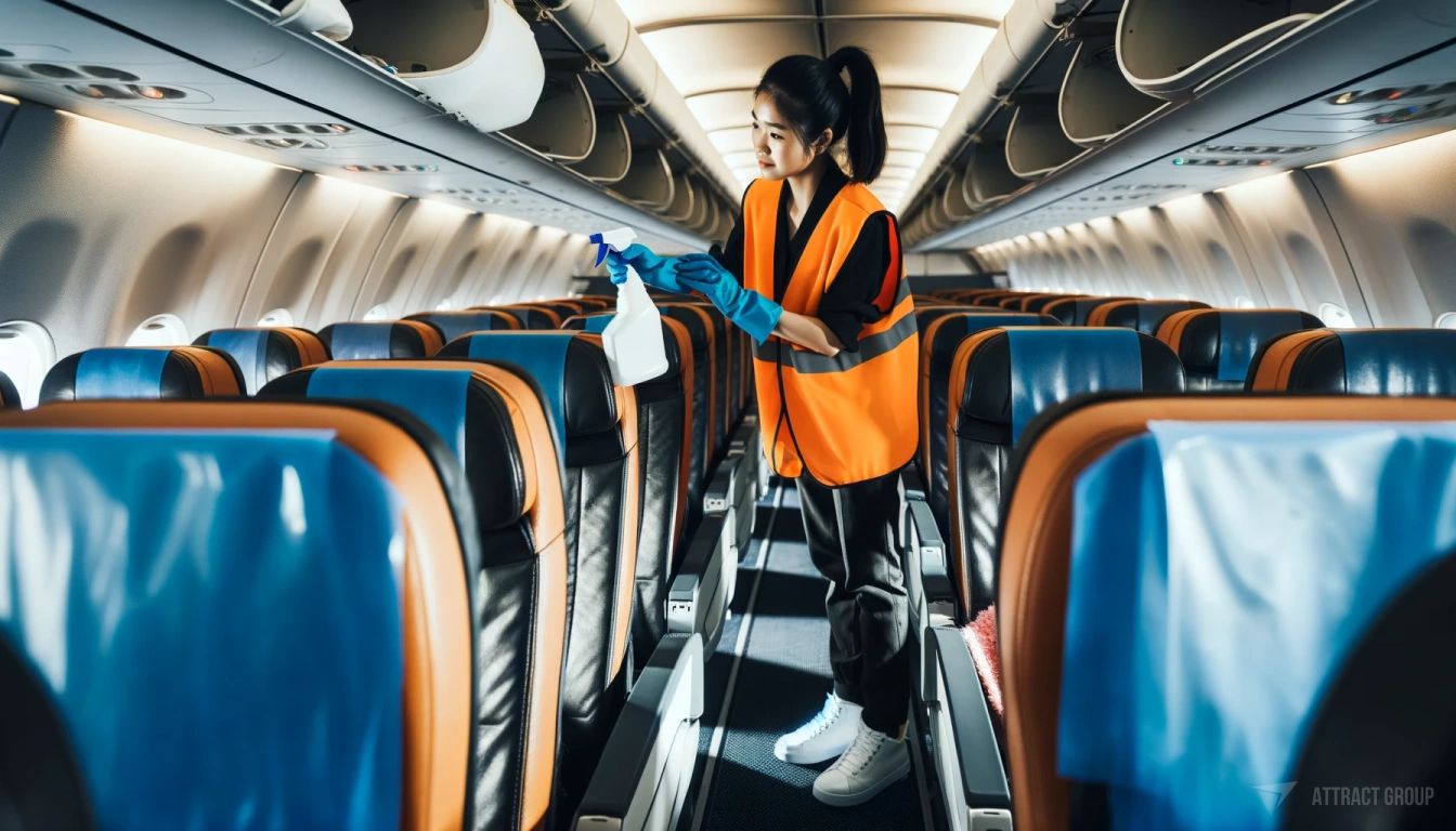 The Essential Role of Cleaning in Airline Operations. A female worker inside an airplane cabin, engaged in cleaning. She should be wearing a high-visibility orange vest and blue protective gloves, using a bottle of cleaning solution to wipe down the seats, which are made of dark leather. The cabin should be well-lit, emphasizing the cleanliness and attention to detail. The image should convey the importance of sanitization and the meticulous work done to maintain a hygienic environment for airline passengers. The photo should capture a routine maintenance scene that highlights passenger safety and care.