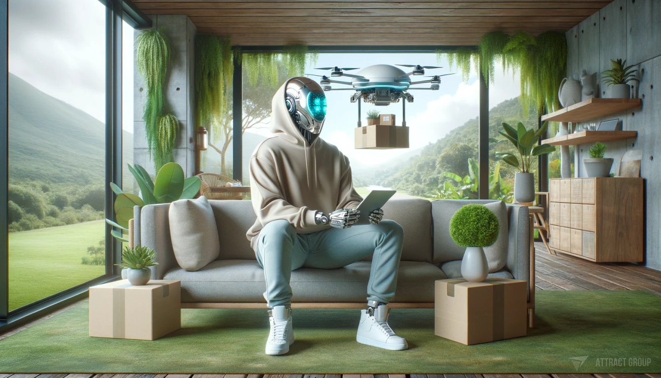 Illustration for The Future of Big Data and Personalized Marketing. Amazing render of a futuristic cyborg wearing a beige hoodie and light blue jeans, sitting on a sofa in an eco-inspired, aesthetically pleasing interior. The cyborg is holding a tablet, engaged with the device. Behind the cyborg, include a large window showing a scene outside where a package delivery drone is carrying groceries, suggesting the convenience and advancement of future shopping methods. The interior should be modern and harmonious with natural elements, and the overall image should symbolize the future of shopping and personalized marketing.