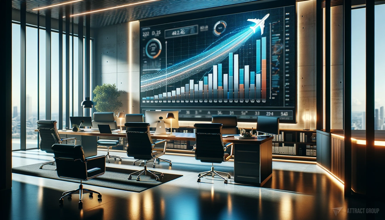 The Growth Trajectory of the Business Aviation Market. A modern office in the aviation business. The scene includes a large monitor displaying a graph of the growth of the business aviation market with 3D realistic elements. The office is stylish with contemporary furniture, sleek design, and ambient lighting that creates a professional atmosphere. The graph on the monitor is detailed, featuring rising curves, bar charts, and other statistical elements that showcase an upward trend in the market. The environment suggests a high-end corporate setting with attention to detail in the technology and decor.