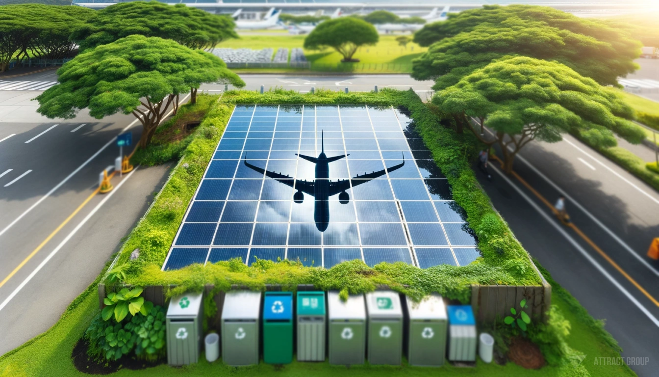 Illustration for The Integration of Green Technology in Modern Airport Design. The reflection of an airplane in a solar panel at an airport. Surrounding the solar panel are lush greenery and tree branches, adding a natural element to the scene. In the background, slightly blurred, are recycling containers and a park, subtly indicating the airport's commitment to sustainability and environmental care. The focus is on the reflection in the solar panel, which creatively merges the image of technology with nature, symbolizing the balance between aviation and environmental responsibility.