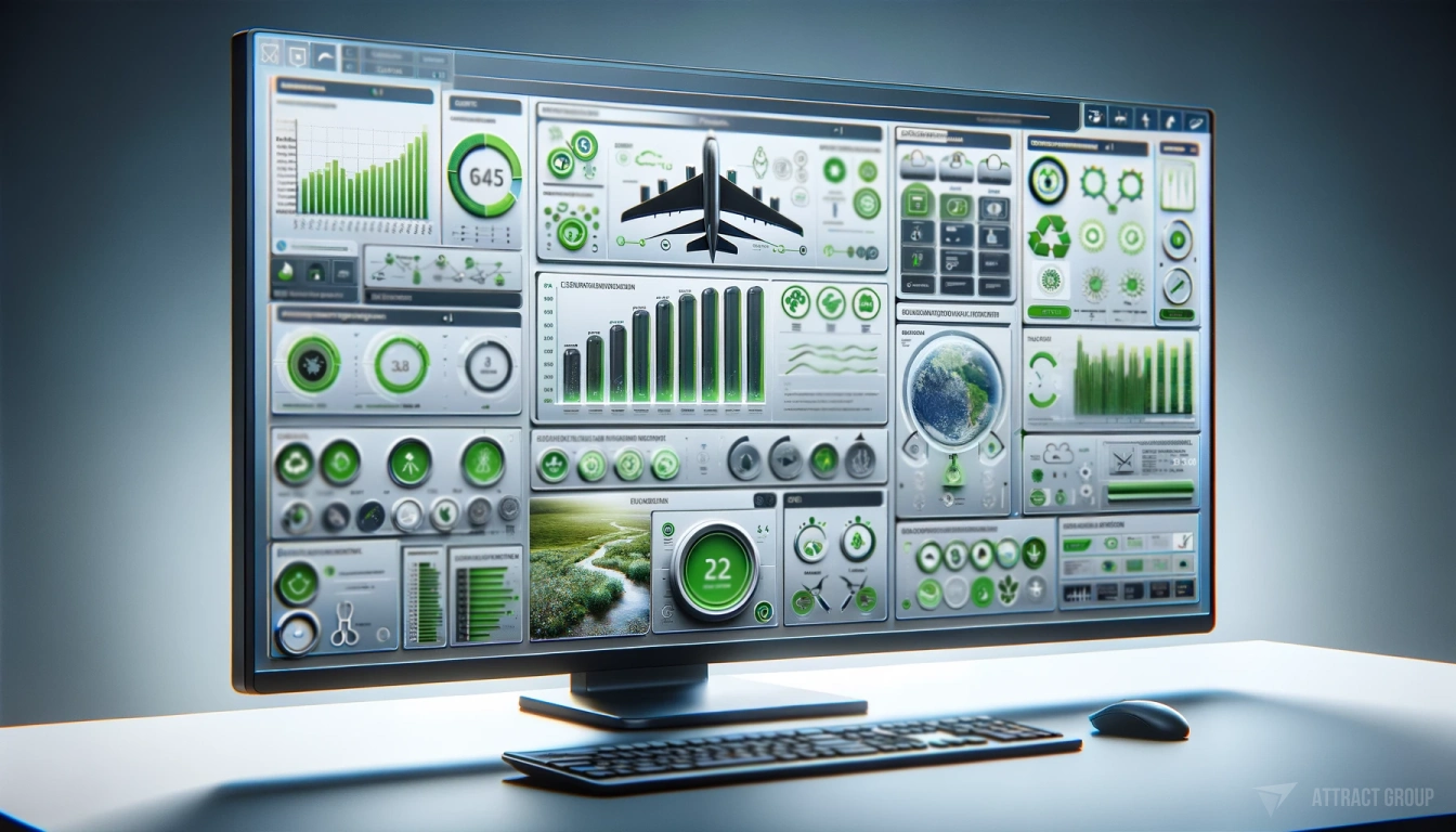 The Rise of Sustainable Practices in Aviation ERP. A modern horizontal render that depicts an Enterprise Resource Planning (ERP) system interface for Sustainable Practices in Aviation. The ERP interface is displayed on a large, wide-screen monitor. It includes a clean and organized dashboard design that features realistic 3D elements such as charts for data analysis, task lists for sustainability initiatives, and interactive modules. The interface incorporates elements of eco-friendly design, with green color accents and icons representing renewable energy, recycling, and conservation. There are sections for fuel efficiency tracking, waste management, and carbon offset programs, all within the context of an aviation business environment. The overall aesthetic is sleek, high-tech, and focused on ecological responsibility.