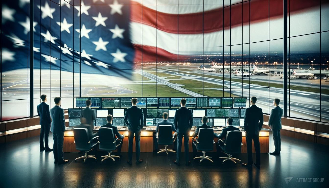The Role of US Standards in Strengthening Aircraft ERP Systems. A blurred American flag in the foreground, with a group of men in business attire in a control room or operations center behind it. They are gathered around a workstation with multiple monitors. In front of them is a panoramic window or set of screens showing an airport tarmac. They appear engaged in a presentation or demonstration about airport operations or air traffic control, in a professional setting that suggests a focus on aviation management. The scene conveys a sense of professionalism and industry-specific focus.