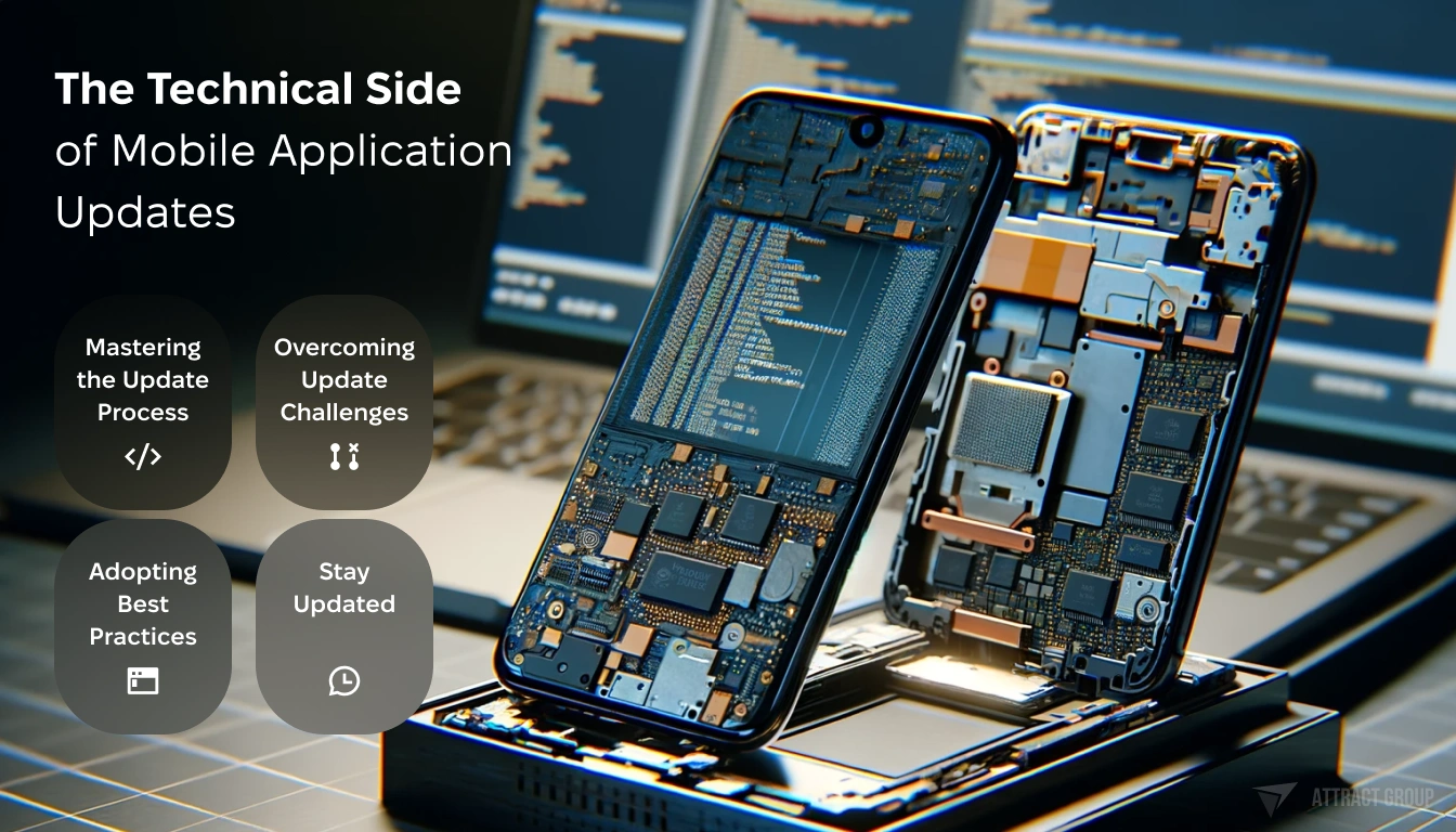This image depicts a close-up of two smartphones in a disassembled state, revealing their complex internal circuitry and components, set against the background of a computer keyboard. To the left, text overlays titled "The Technical Side of Mobile Application Updates" list four key points: "Mastering the Update Process," "Overcoming Update Challenges," "Adopting Best Practices," and "Stay Updated," each accompanied by a relevant icon. The overall image suggests a focus on the intricacies and considerations involved in updating mobile applications, with a nod to both the hardware and software aspects. 