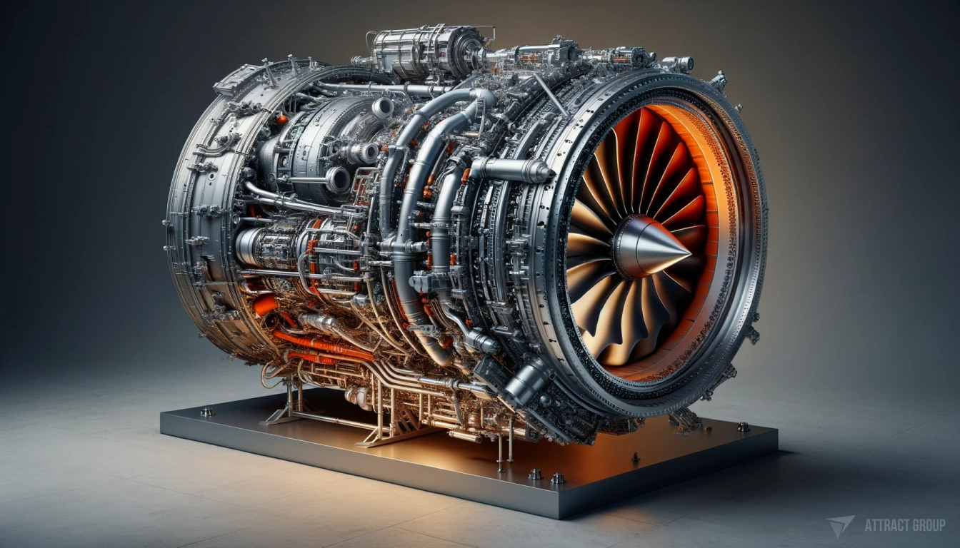 The aerospace industry's unique challenges and requirements. A photorealistic render of a complex piece of machinery that resembles a jet engine on display. The engine should be shown partially disassembled or with a cutaway design to reveal its internal components, including pipes, conduits, and various metallic parts. The front of the engine should feature a bright orange interior, providing a striking contrast to the metallic colors of the engine's structure. The background should be subdued to keep the focus on the detailed engineering of the engine. The overall image should look like it's meant for educational or exhibition purposes, demonstrating the inner workings of jet engine technology.