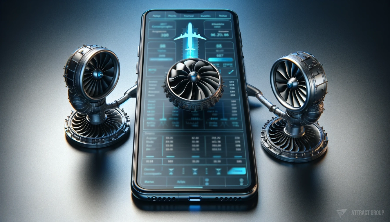 Illustration for The integration of artificial intelligence and other digital tools in turnaround management can significantly enhance an airline's on-time performance. A modern smartphone that has two aircraft turbines attached to its sides. On the smartphone's screen, display an application showing data and technical characteristics of an aircraft. The smartphone should look sleek and contemporary, while the turbines add a dynamic, aviation-themed element to the design. The app interface should be detailed and realistic, indicating various aircraft specifications and data. The overall image should convey a fusion of modern mobile technology with aviation engineering.