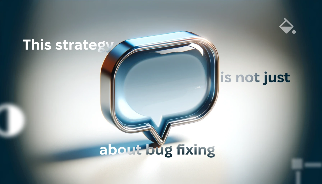 Illustration for This strategy is not just about bug fixing. A high realistic horizontal icon of 'User Feedback', depicted by a speech bubble. A three-dimensional speech bubble that has a glossy finish, suggesting clarity and the value of communication. The icon appear tangible with subtle reflections and shadows to give it depth, making it stand out on a plain background to emphasize its significance in the user feedback process.