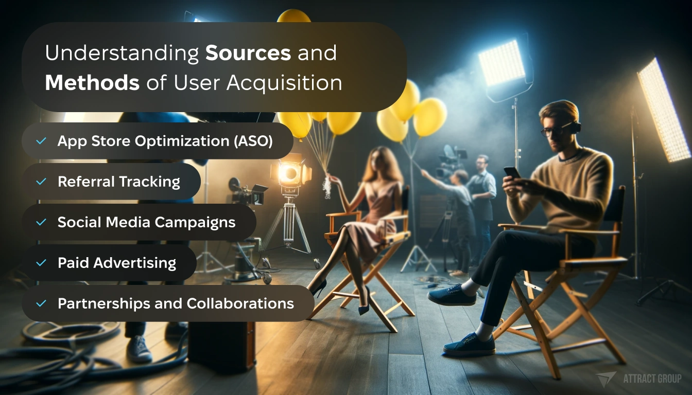 Illustration for Understanding Sources and Methods of User Acquisition. Photo of a filming set. The scene should include a cameraman filming a girl who is holding yellow balloons in one hand and a smartphone in the other. Additionally, depict a director sitting in a director's chair, holding a megaphone. The set should be designed to look like a professional film production environment, complete with cameras, lighting equipment, and possibly crew members in the background. Use soft lighting to create a cinematic and realistic atmosphere on the set. The overall composition should capture the dynamic and creative process of filmmaking.