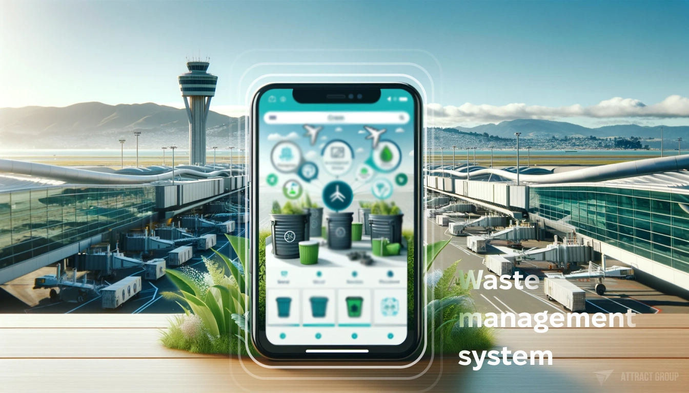 Illustration for Waste management system. San Francisco International Airport in the background, with a modern smartphone in the foreground. The smartphone displays a web CRM interface for a waste management system that has significantly reduced landfill waste. The CRM interface is designed with a clear, user-friendly layout, using a color scheme of green, blue, and plastic white to symbolize environmental consciousness. Visual elements of greenery are included in the design to emphasize its eco-friendly purpose. The focus is on showcasing the efficient and sustainable waste management initiatives at the airport.