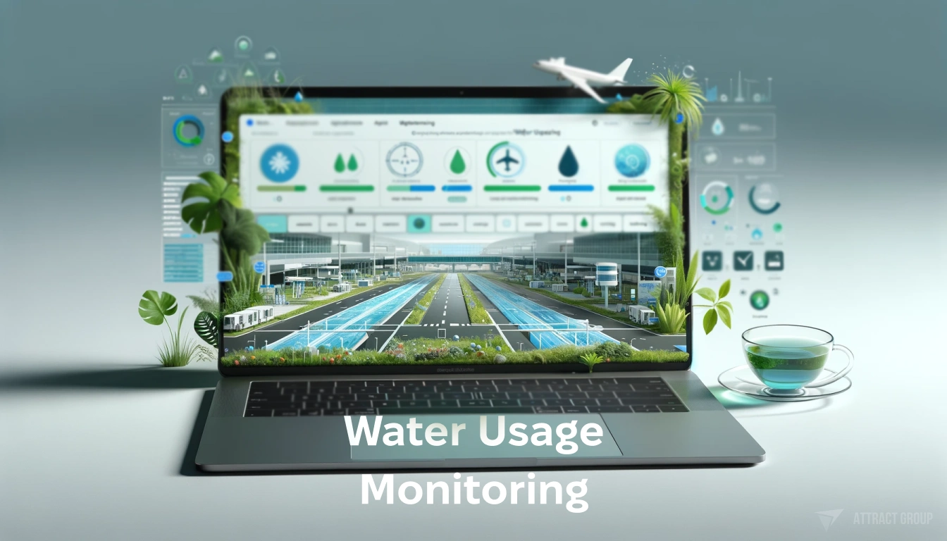 Illustration for Water Usage Monitoring. A laptop displaying a website for Water Usage Monitoring. The website is designed to track water usage across various airport facilities. The interface is clear and user-friendly, with a color theme of green, blue, and plastic white, embodying the essence of water conservation. Elements like greenery, water drops, and puddles are integrated into the design to emphasize the focus on water management. The laptop is set in a context that suggests its use in monitoring and optimizing water usage in an airport environment.
