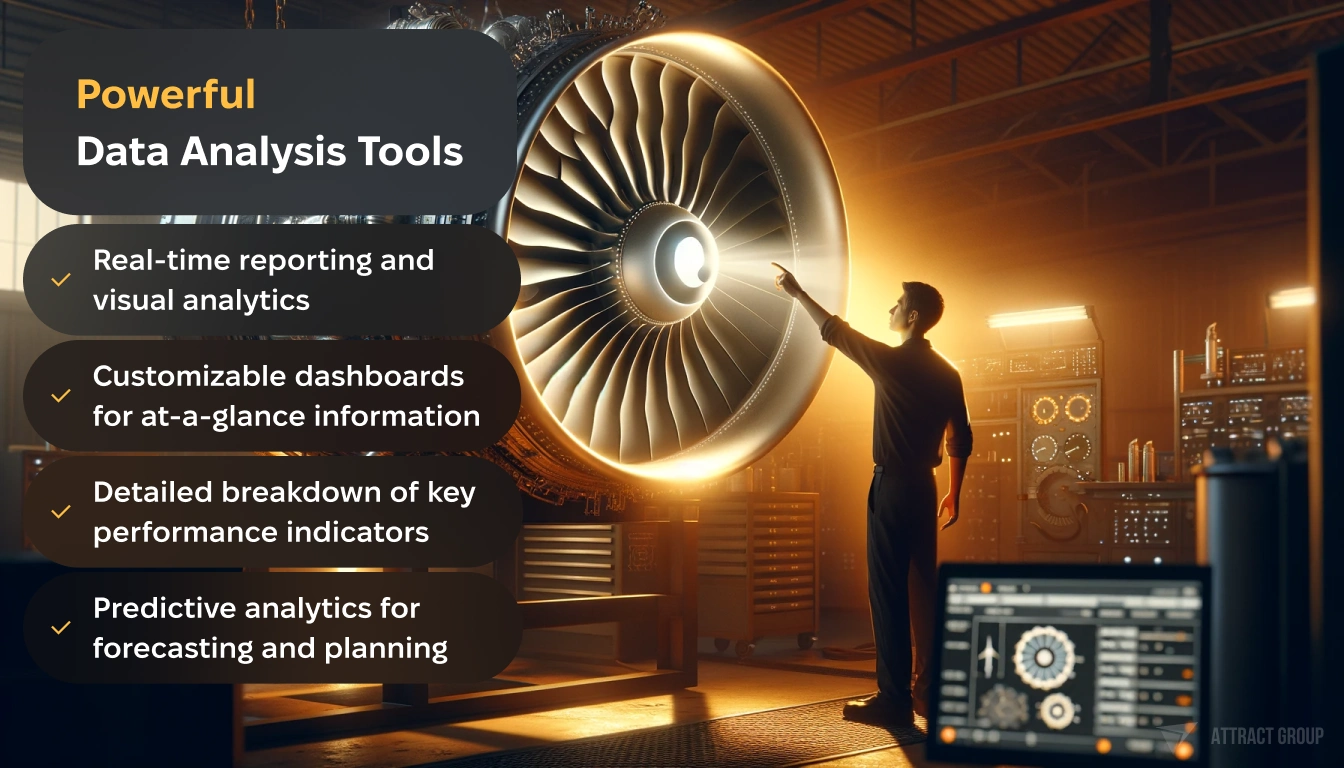 Powerful data analysis tools. A man inspecting a large jet engine in a workshop. The engine is open, showing its internal components with a bright light shining from within. The man is focused on the engine, illuminated by the light that emphasizes his concentration and the details of the engine. The workshop is dimly lit, with a warm, orange glow that contrasts with the metallic engine. Include monitors in the background displaying aviation specifications to add context to the scene. The overall atmosphere should be dramatic, highlighting the sophistication and power of the jet engine.