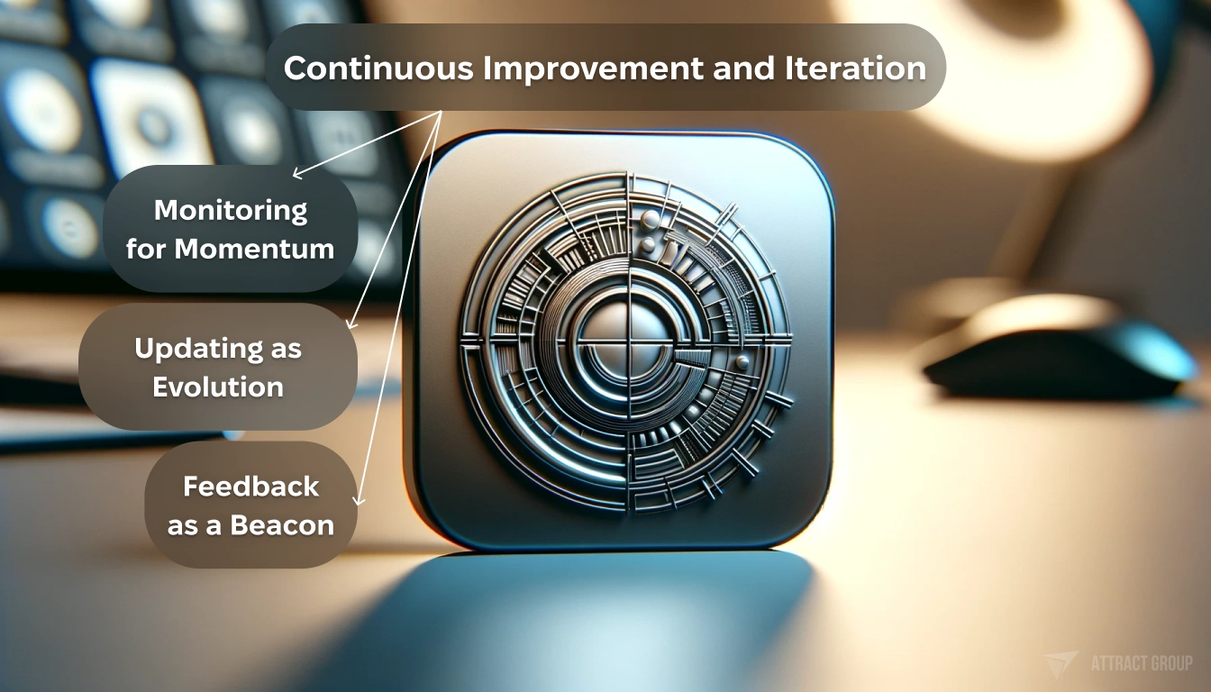This image features a 3D rendered app update icon in the center, which resembles a metallic, concentric circular maze or interface, suggesting complexity and progression. The background is softly focused with a keyboard and a mouse in the distance. On the left side, there are three overlapping speech bubbles with text that reads "Monitoring for Momentum," "Updating as Evolution," and "Feedback as a Beacon," all under the heading "Continuous Improvement and Iteration."
