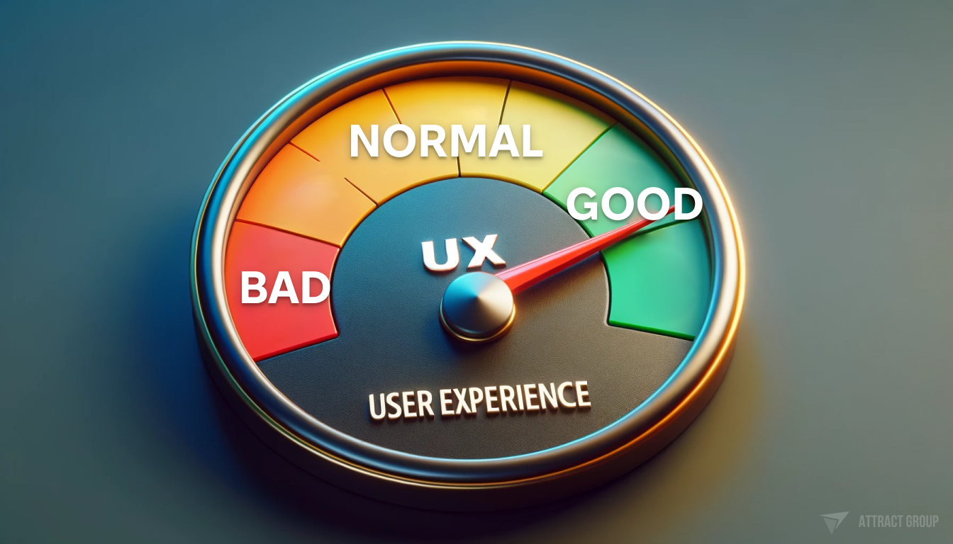 Accessibility and Inclusivity in Mobile App Design. A gauge with a needle indicating the level of 'UX User Experience'. The gauge has a gradient scale starting with red on the left, labeled bad', transitioning to orange for 'normal', and green on the right for 'good'. 