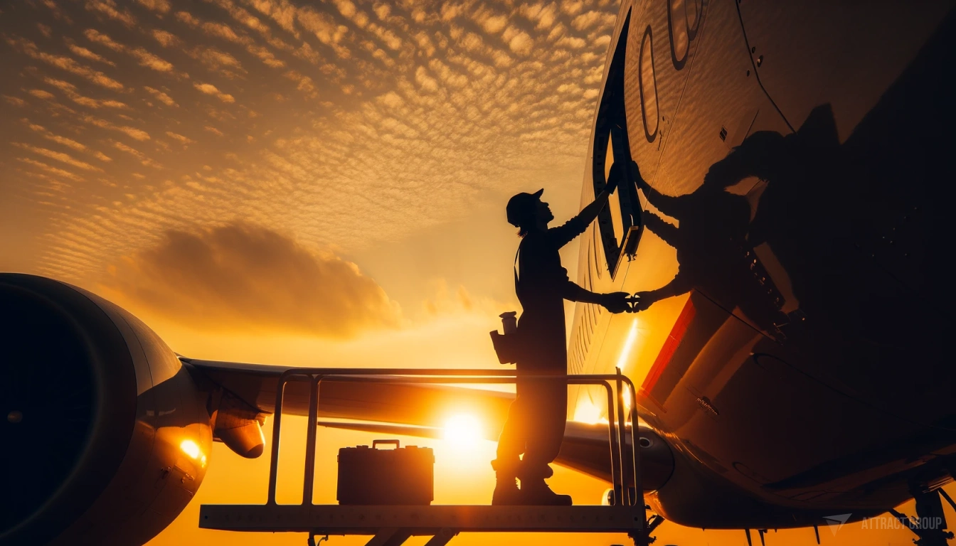 Aligning Software with Industry Standards and Regulations. Silhouette at sunset. An airport worker checks the safety of an airplane