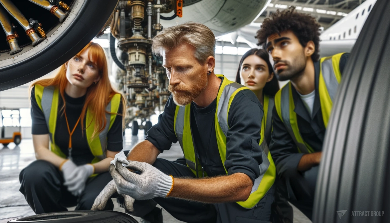 Analytics and Reporting: Heart of Aviation Safety Software.
Photo of three diverse aircraft mechanics examining the landing gear of an airplane. 