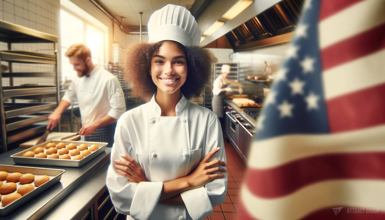 Assessing the Best Catering Software Providers in the U.S. Market.
A professional kitchen where a female chef with a curly hair is standing with her arms crossed, smiling at the camera. She is wearing a traditional white chef's uniform and a hat. In the background, two other chefs are also in chef's uniforms,