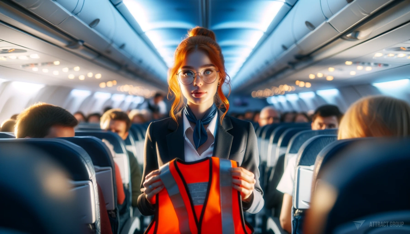 Aviation Safety Solutions and Risk Management
A flight attendant with red hair, glasses, and freckles is conducting a safety briefing inside an airplane, holding a safety vest in her hands.