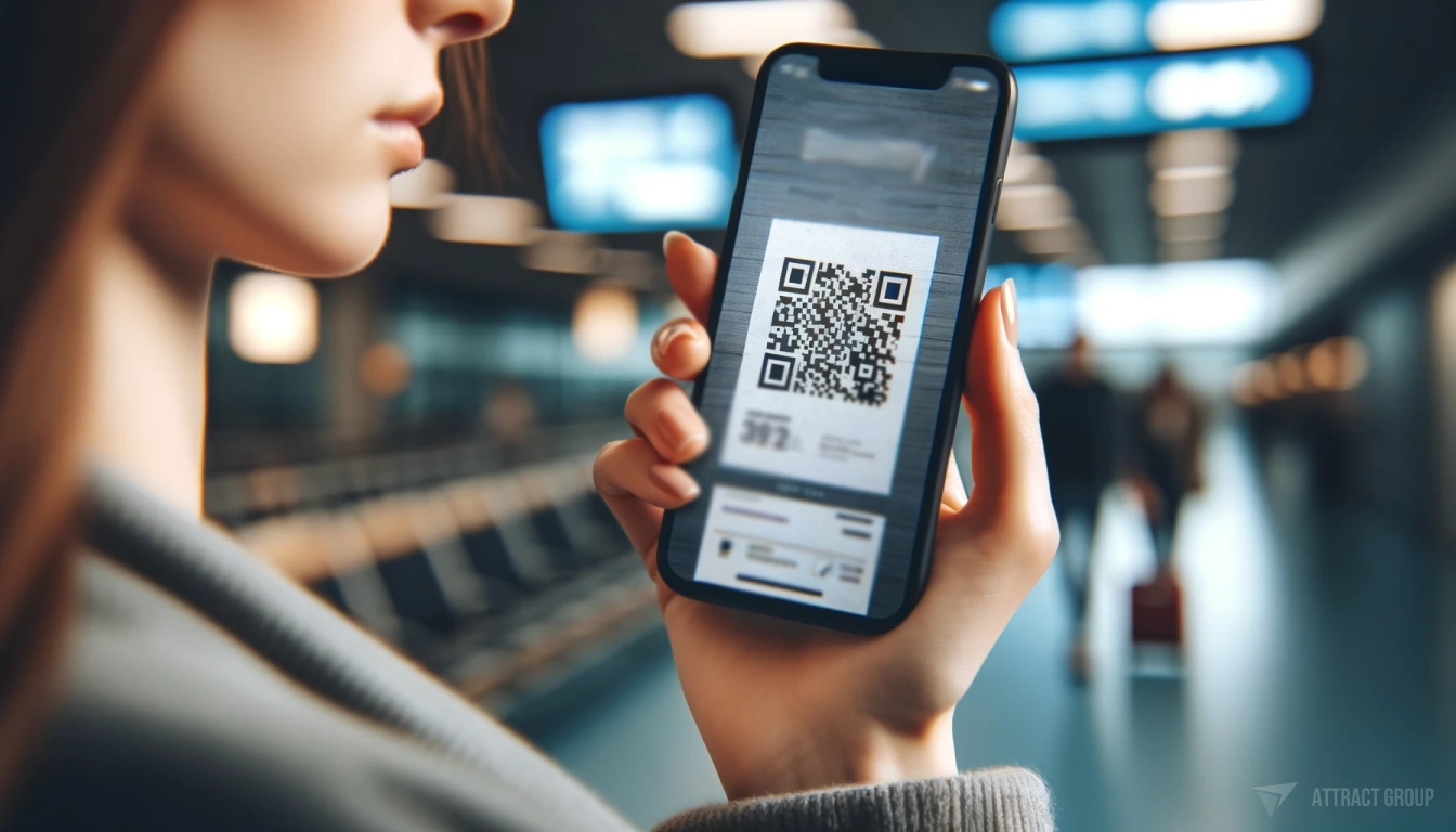 Benefits of Digital Ticketing for Customers. A smartphone held by a woman. The phone screen prominently displays a digital boarding pass with a clear, scannable QR code. 