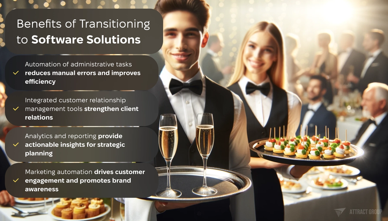 Benefits of Transitioning to Software Solutions. Social event catering scene with a focus on the foreground where a waiter in a smart black vest, white shirt, and black bow tie offers two glasses of champagne on a tray to a guest. Beside him, a smiling female.