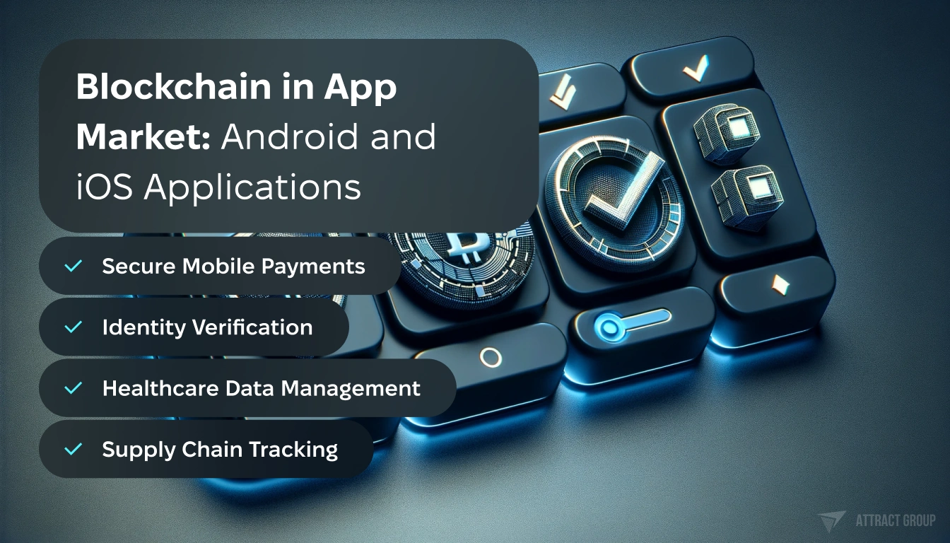 Blockchain in App Market: Android and iOS Applications. A selection slider with five 3D app icons. The icons include a shield, blockchain, code, check mark, and supply chain.