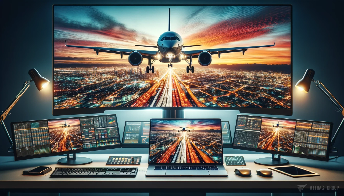 By implementing these comprehensive systems, industry leaders can ensure consistent adherence to regulations while maintaining exceptional quality control throughout their operations. 
A laptop and multiple monitors. On the screens, there is a dynamic image of a commercial airplane photographed from the front, flying above a vividly lit city during sunrise or sunset. The aircraft's landing lights are on, and the surrounding sky has a warm, orange and pink glow, suggesting the sun is low on the horizon. The city below is illuminated, with the streets and buildings forming a grid-like pattern, showcasing the hustle and bustle of urban life. A control room or monitoring station for air traffic.