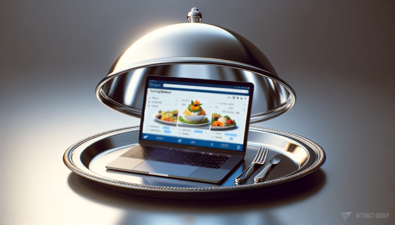 Comparing Cloud-Based vs On-Premise Catering Software. A laptop with an open screen showing a catering dashboard interface is placed on a silver serving platter. 