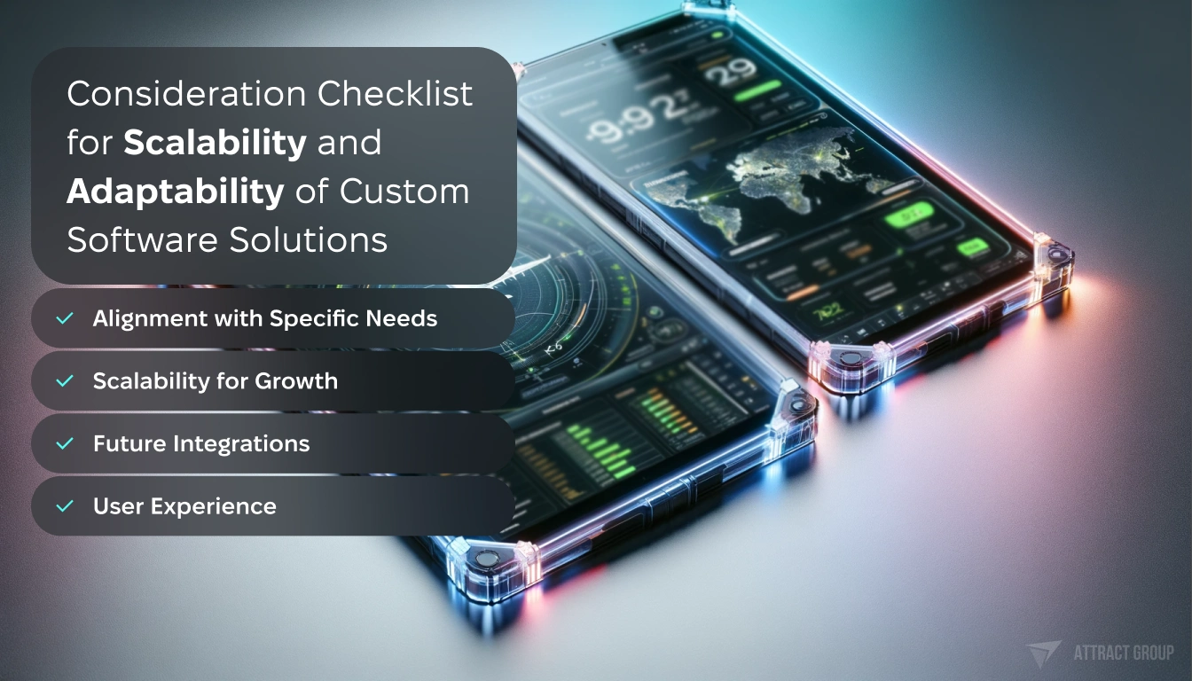 Consideration checklist for Scalability and Adaptability of Custom Software Solutions. 
Tablets are designed with transparent plastic edges and neon accents, giving off a futuristic vibe.
