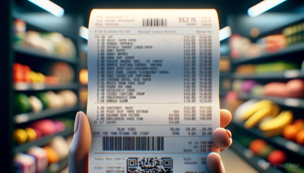 Content of the Digital Ticket. A close-up view of a supermarket receipt. The receipt features a detailed list of various grocery items.