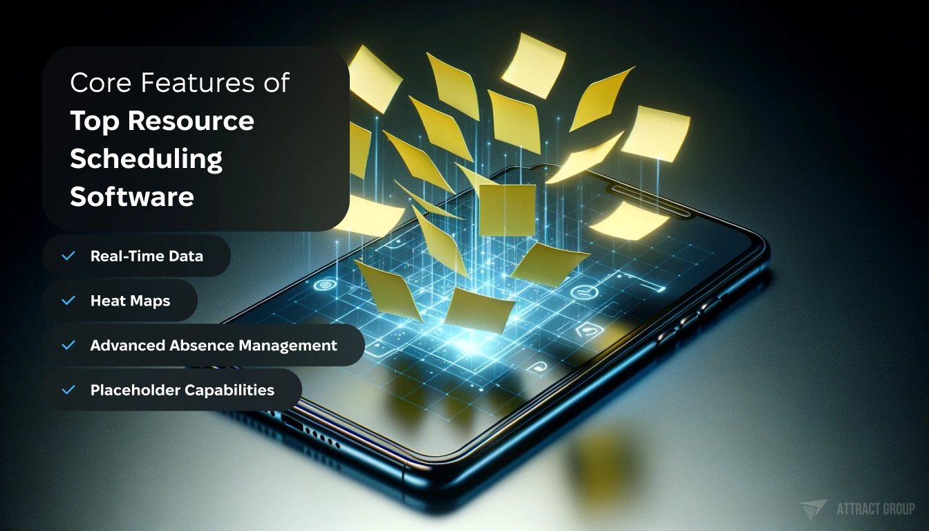 Core Features of Top Resource Scheduling Software. A futuristic smartphone lying on a matte, shiny surface. 