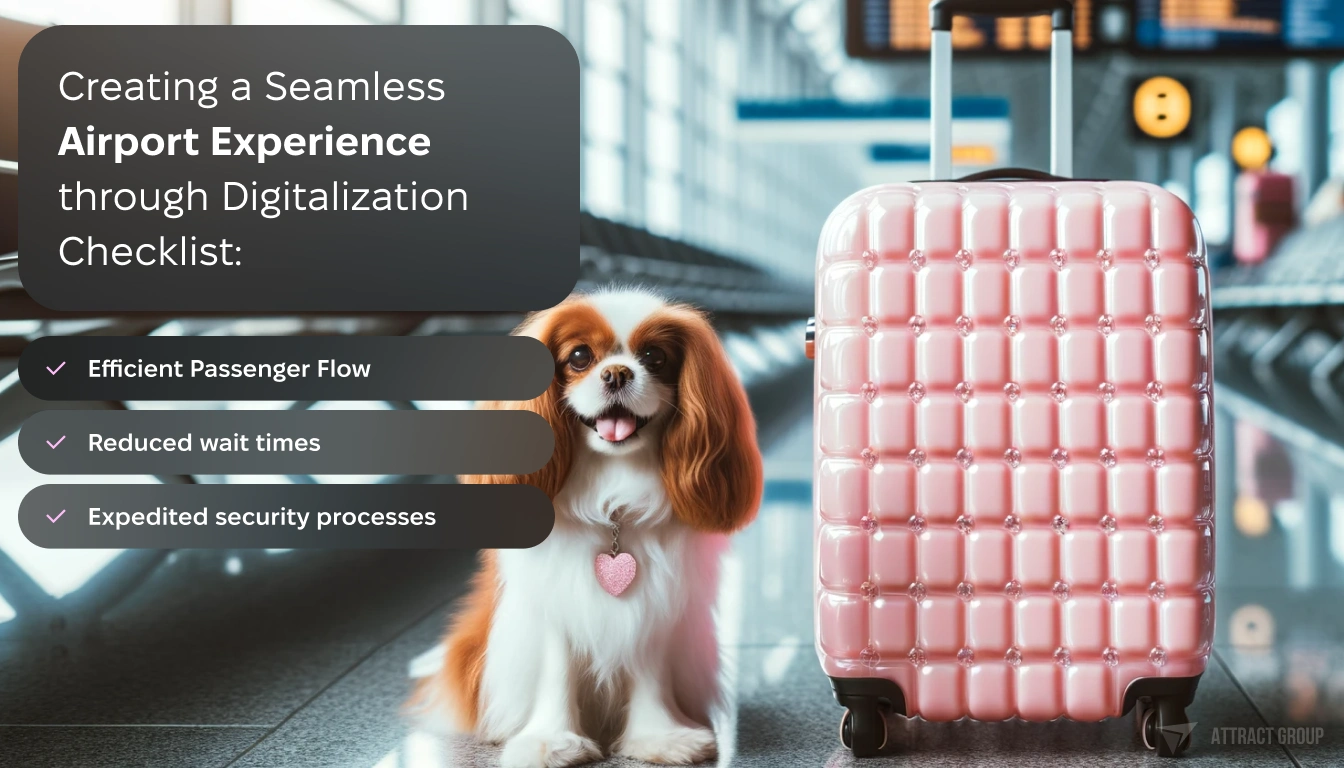 Creating a Seamless Airport Experience through Digitalization. 
Pink suitcase and a cute little dog sitting next to it. The background should be a blurred airport waiting room.