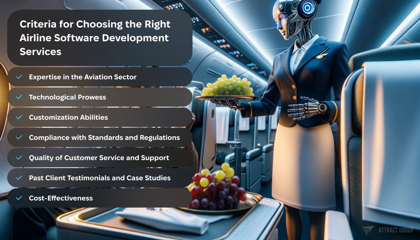 Criteria for Choosing the Right Airline Software Development Services. A cyborg flight attendant in uniform is presenting a tray of grapes. 