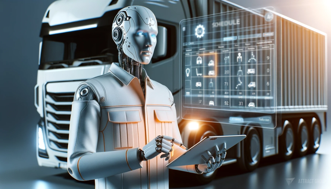 Data-Driven Fleet Maintenance Solutions. A futuristic white plastic cyborg wearing a uniform. The cyborg is holding a tablet in front of a futuristic truck. In the background, there is a Schedule calendar with some days highlighted or selected. 