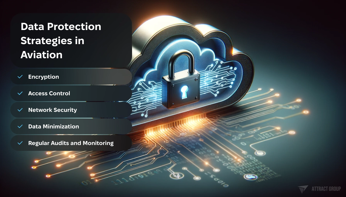 Data Protection Strategies in Aviation. 
Graphic featuring a cloud integrated with digital elements and a large central padlock symbolizing security.