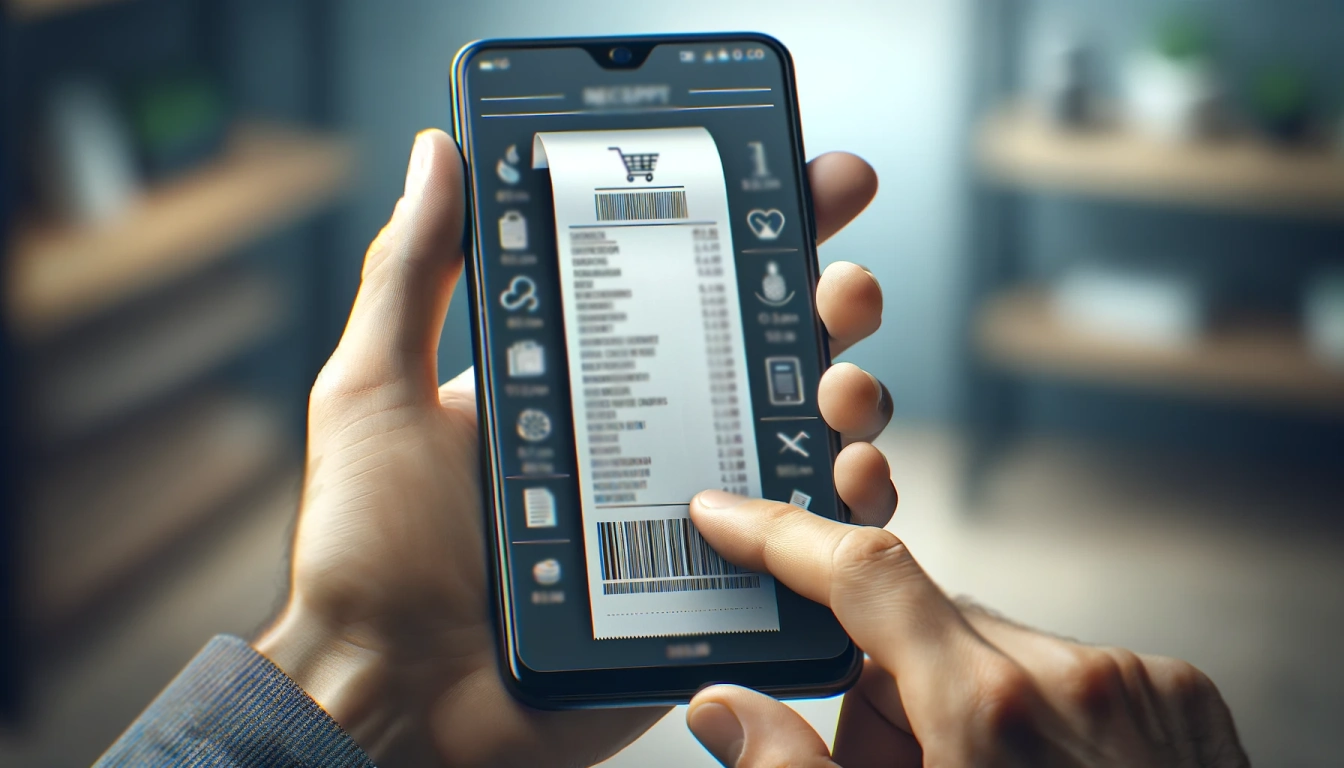 Data synchronization and security. A hand holding a smartphone with a digital receipt displayed on the screen.