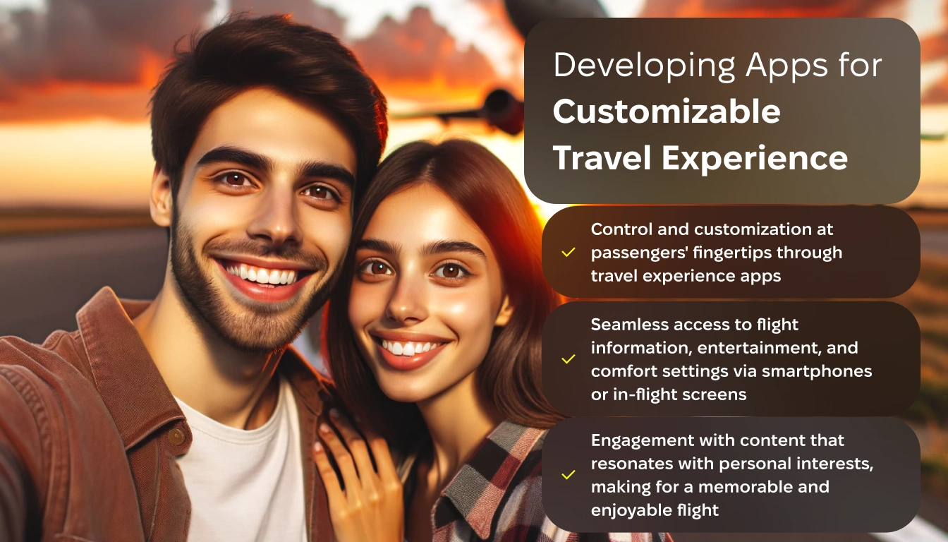 Developing Apps for Customizable Travel Experience. 
A happy diverse couple with brown eyes. They are taking a selfie in front of a blurry airplane during sunset. 