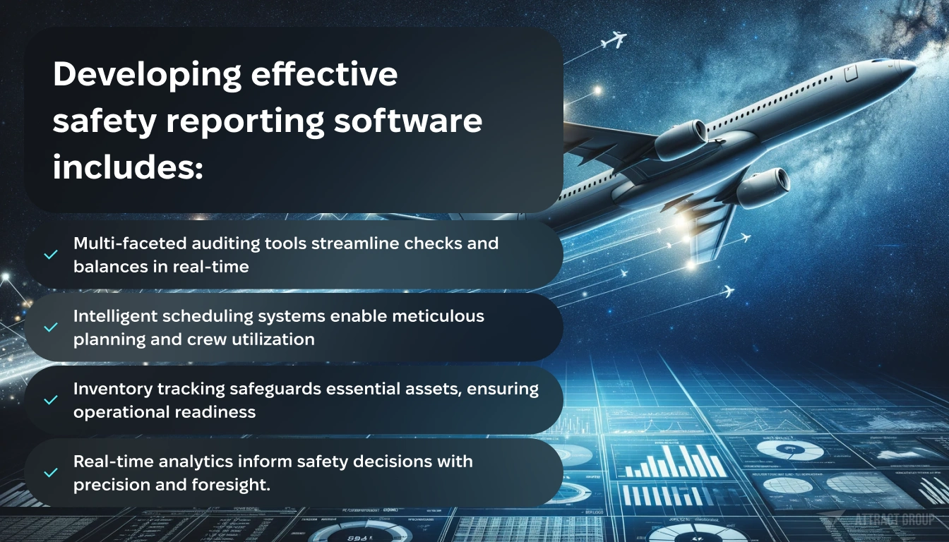 Developing effective safety reporting software includes. 
Safety report graphics on the left side, transitioning smoothly into a realistic airplane flying into a starry night sky on the right side. The graphics include charts and graphs commonly used in aviation safety reports, such as risk matrices and incident statistics. 