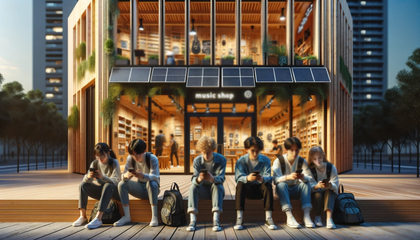 Digital Ticketing and Sustainability. 
Students with smartphones next to a music shop. The architecture of the shop features eco-positive elements, such as solar panels