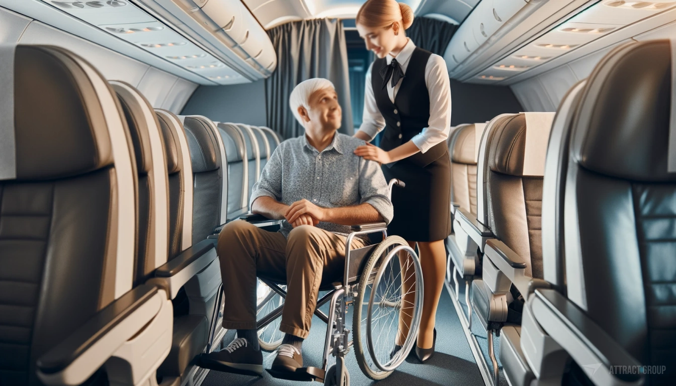 Ensuring Accessibility and Convenience for Varied User Groups. 
An elderly man in a wheelchair inside an airplane cabin, with a flight attendant approaching him to ask if he needs any assistance. The cabin is well-lit with soft lighting. 