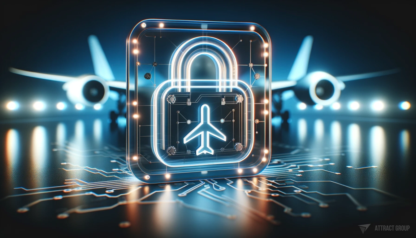 Ensuring Data Security and Privacy in Aviation Software. A 3D icon representing Data Security and Privacy in Aviation Software. The icon includes a padlock symbol and is composed of transparent plastic with neon details. 