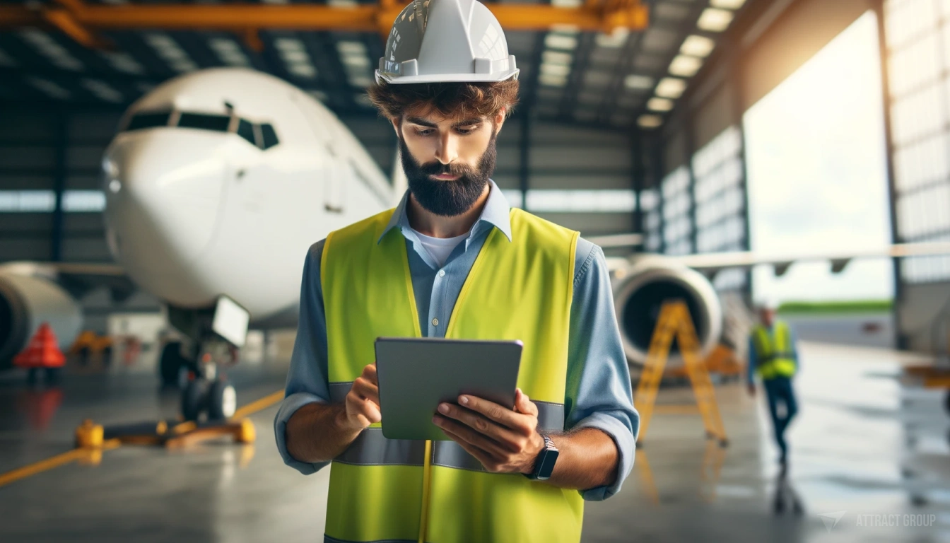 Essentials of Aviation Safety Management Systems. 
A man with a beard, wearing a white hard hat and a high-visibility yellow safety vest, is focused on a tablet he is holding. He stands in an industrial setting. 