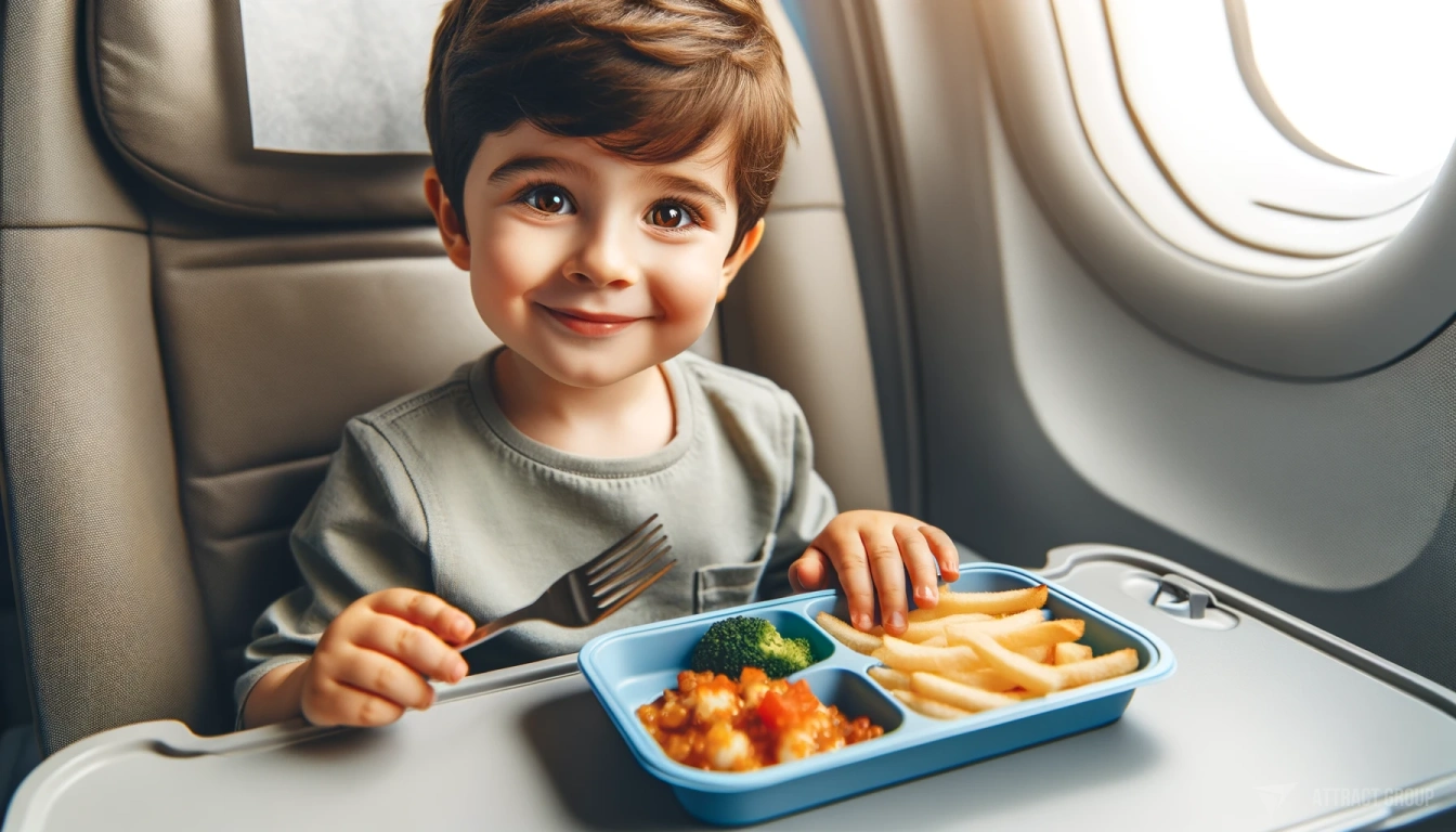 Expanding Dining Options and Quality. A cute kid with brown eyes inside an airplane, having a tasty dinner. 