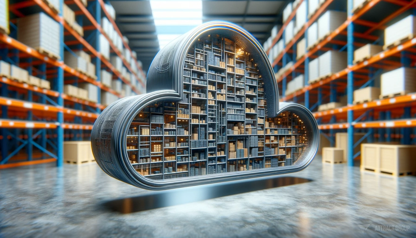 Exploring Cloud-based Inventory Management Systems. 3D cloud icon. In the background, there's a very blurred image of a warehouse interior.