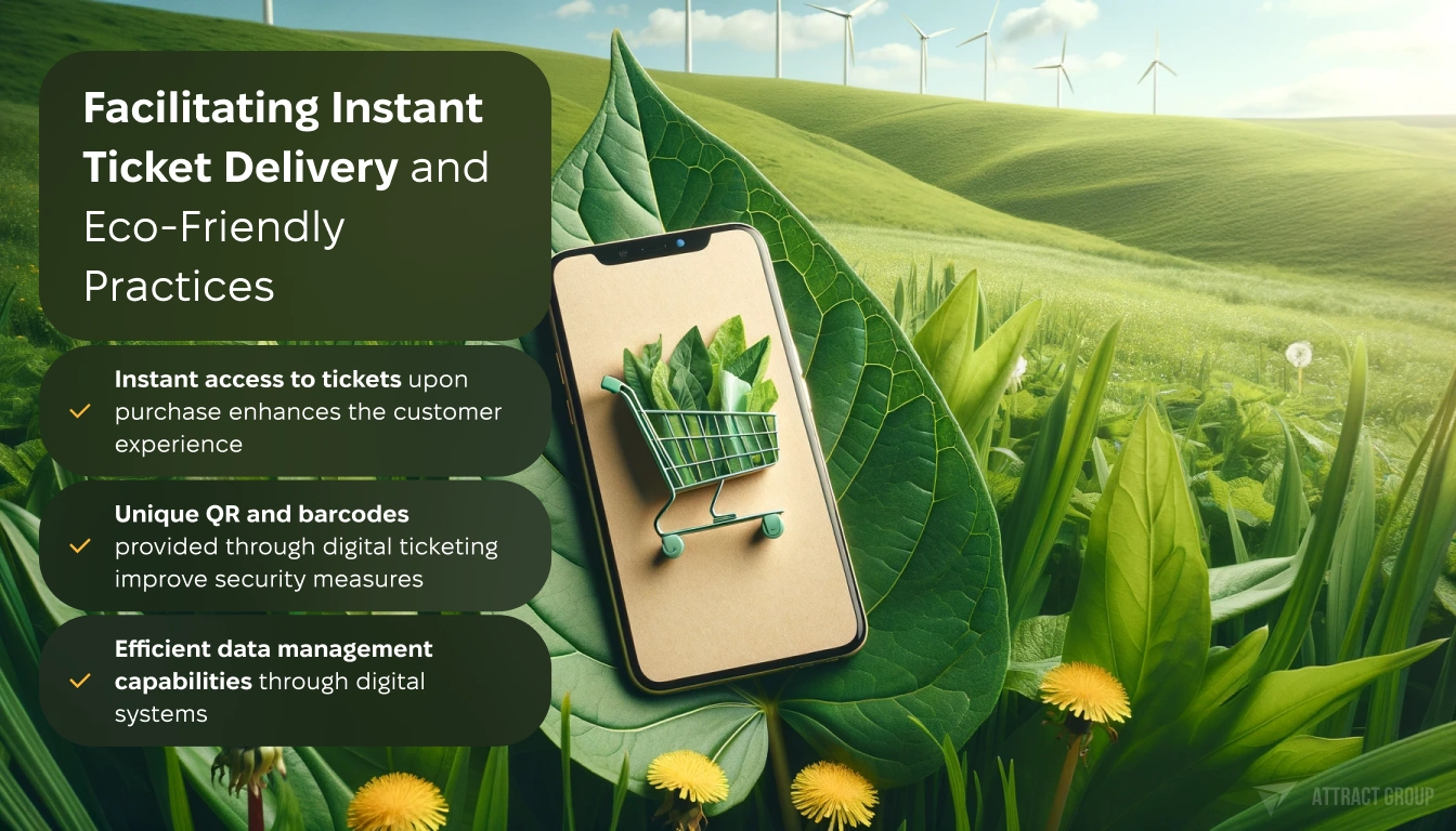 Facilitating Instant Ticket Delivery and Eco-Friendly Practices. A large green leaf in the foreground, with a beige minimalistic smartphone.