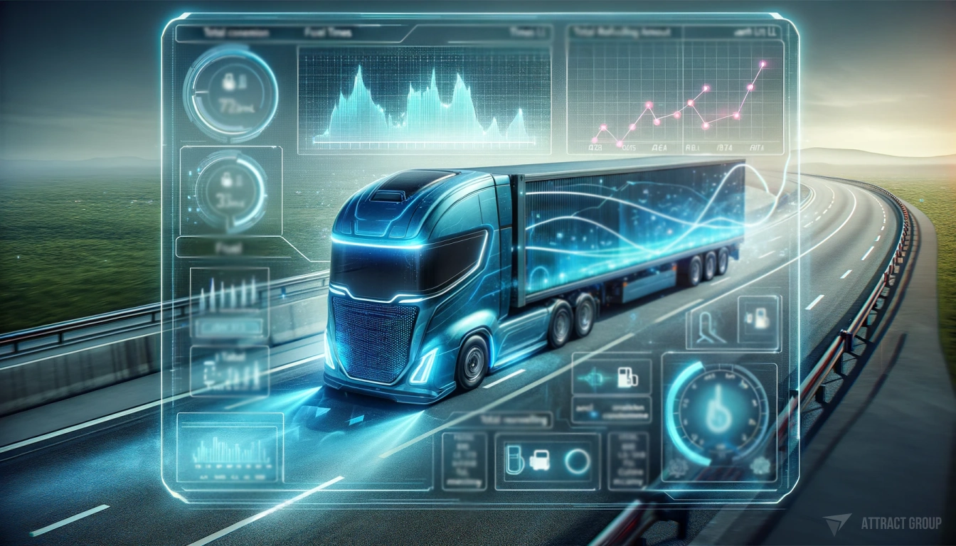 Fuel Consumption Monitoring for Fleet Management Optimization. A futuristic blue truck with a streamlined design, traveling on a highway. On the right side of the image, incorporate a translucent overlay that resembles a user interface. This interface includes statistics and graphs related to fuel management.